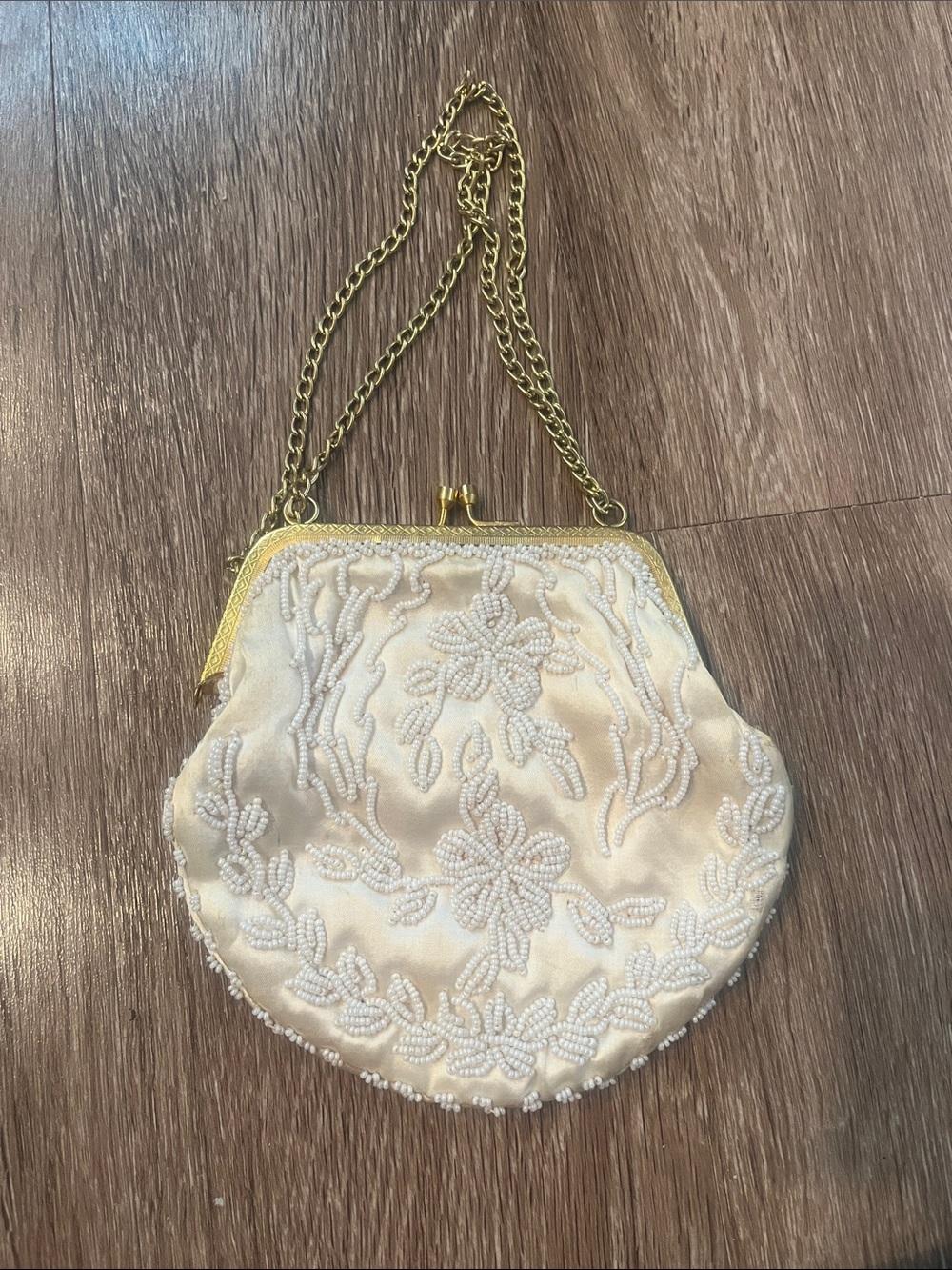 Vintage Ivory Beaded Floral Evening Clutch with Gold Chain